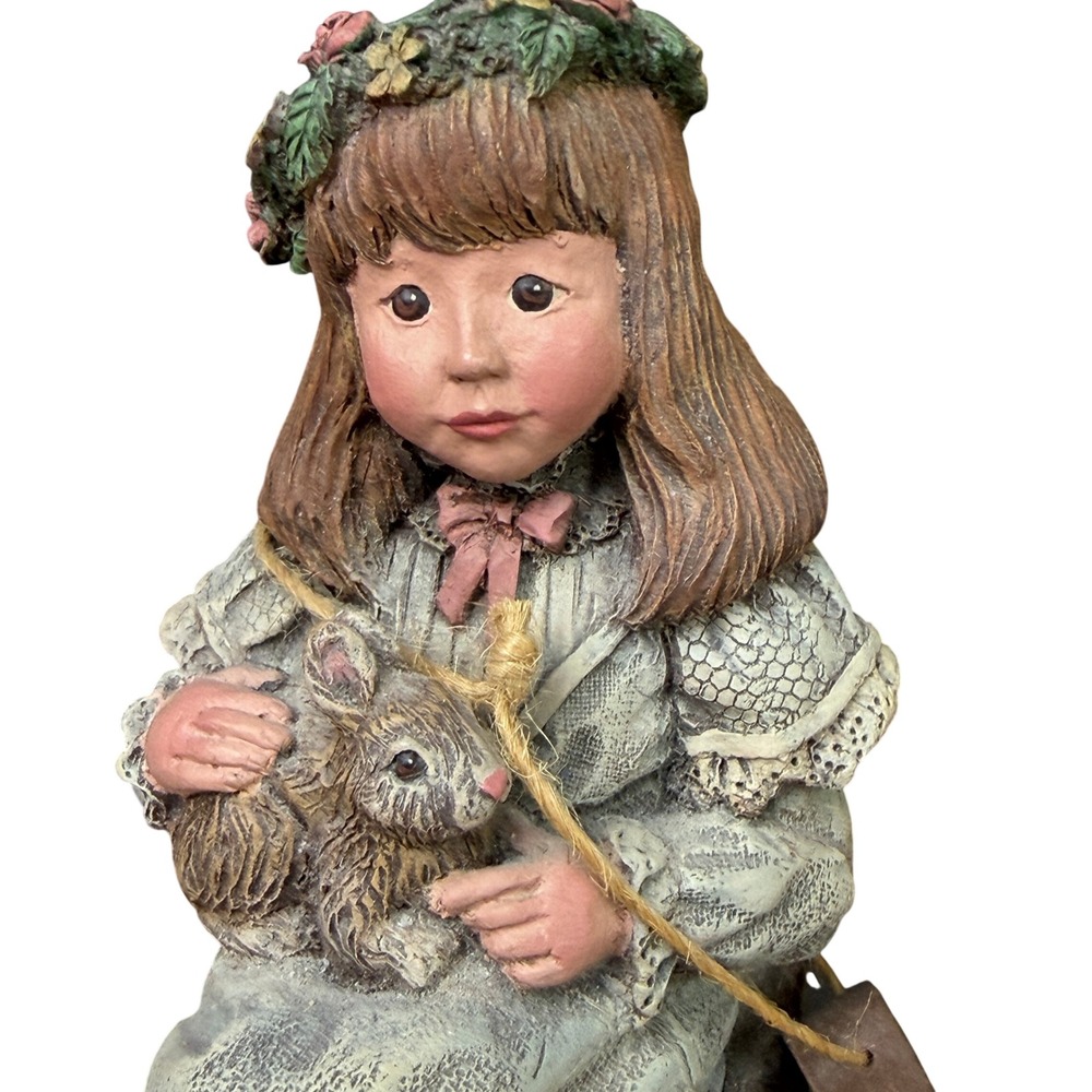 Vintage Sarahs Attic Figurine Girl with Bunny Rabbit Flower Crown Folk Art 1990s